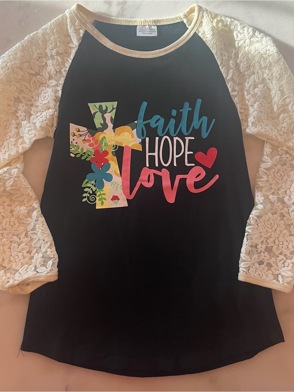 Faith Hope Love Black Raglan Lace Sleeve Top